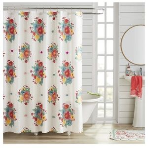 New Pioneer Woman Breezy Blossom Floral Applique Fabric Shower Curtain 72X72.